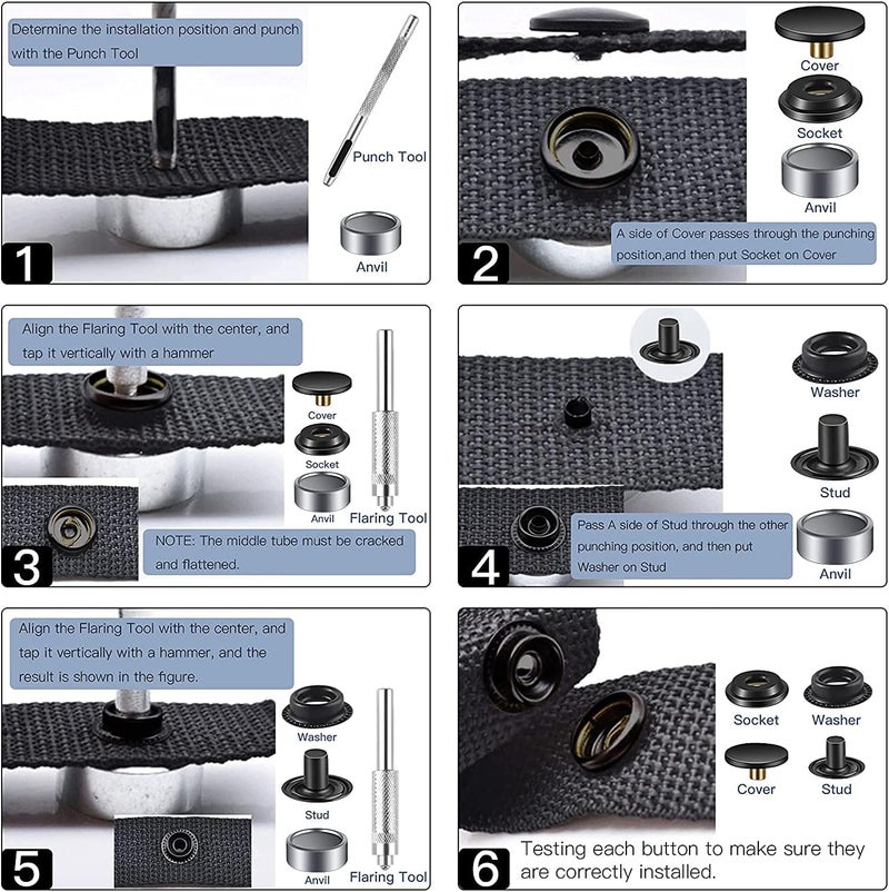 Moocci 200Pieces (50Sets) 15MM Snap Fastener Kit Tool Snap Button kit Snaps for Leather Snap Fasteners Kit for Leather Marine Grade Stainless Steel Snaps Button for Canvas Bag, Jeans, Clothes, Fabric (BLack) - Image 5